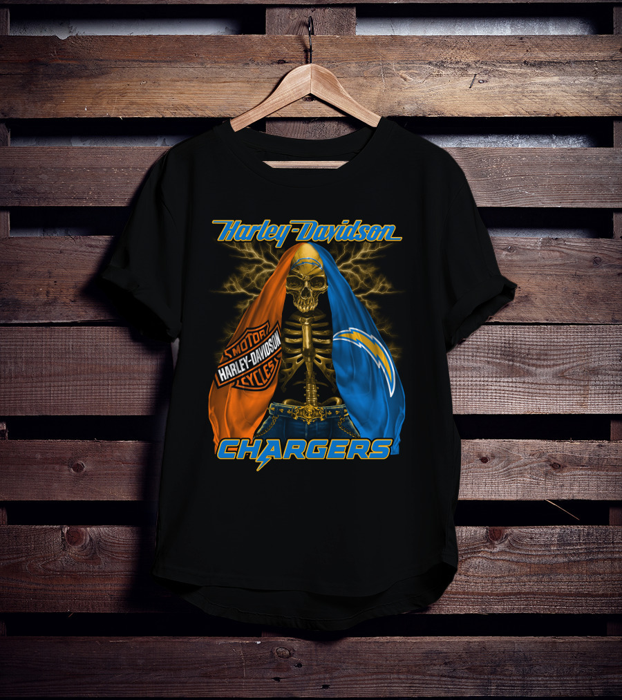 Harley Davidson Los Angeles Chargers Skeleton With Lightning Bolt And Motorcycle T-Shirt
