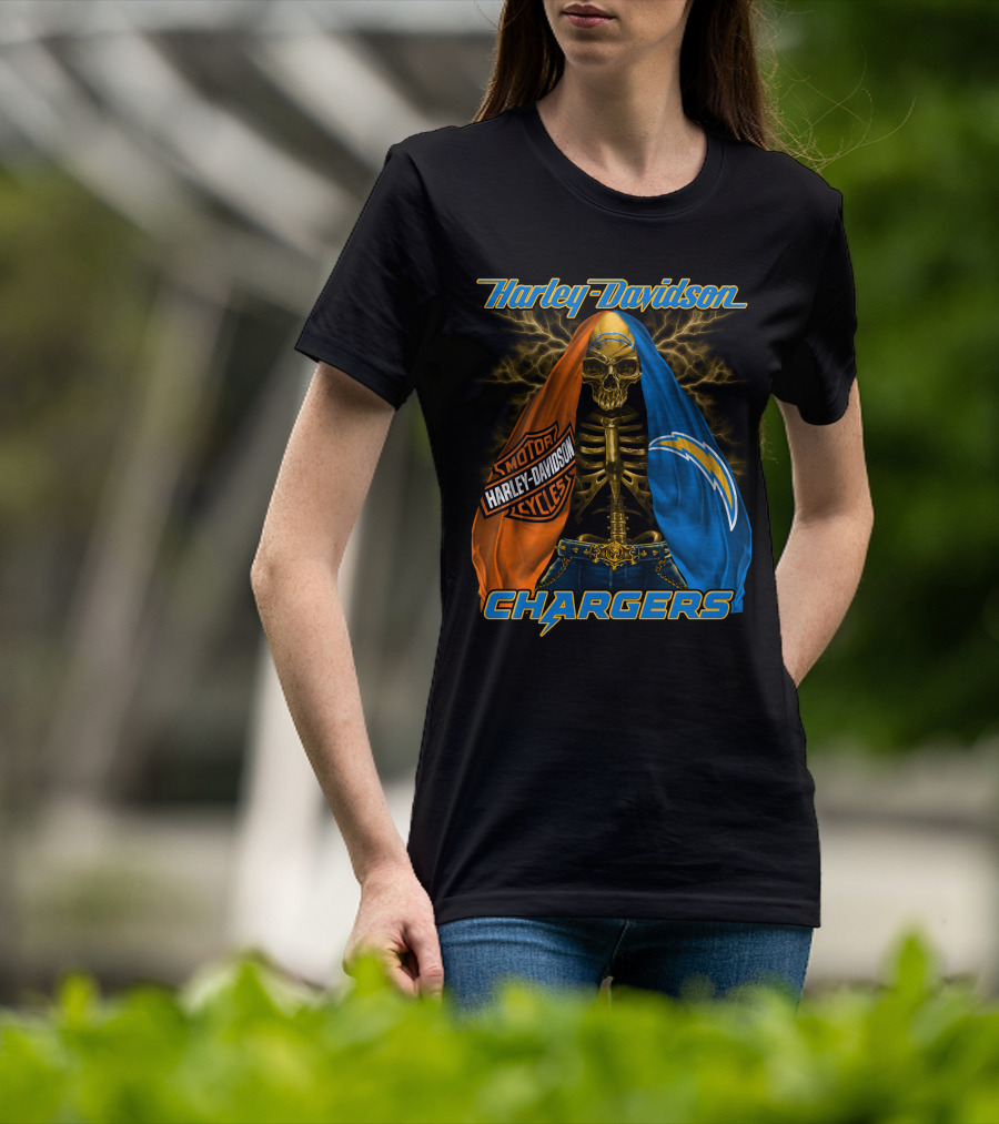 Harley Davidson Los Angeles Chargers Skeleton With Lightning Bolt And Motorcycle T-Shirt