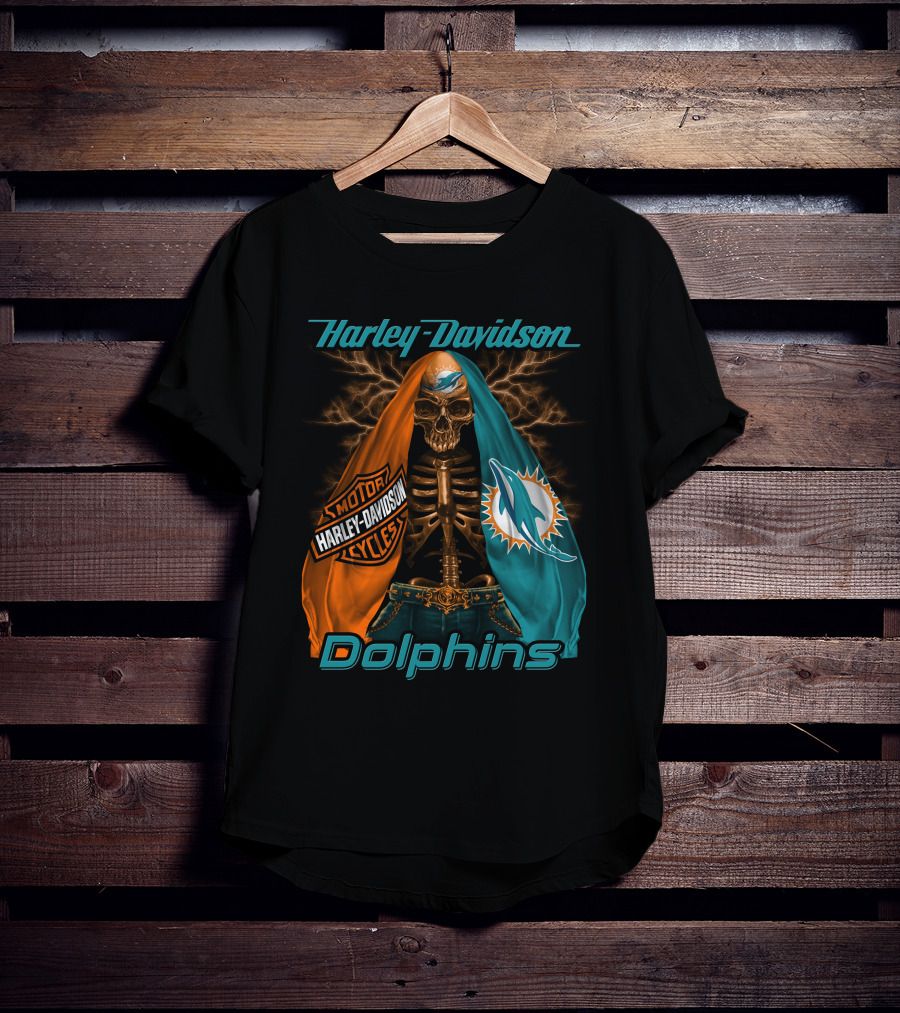 Harley Davidson Miami Dolphins Skeleton Motorcycles T-Shirt