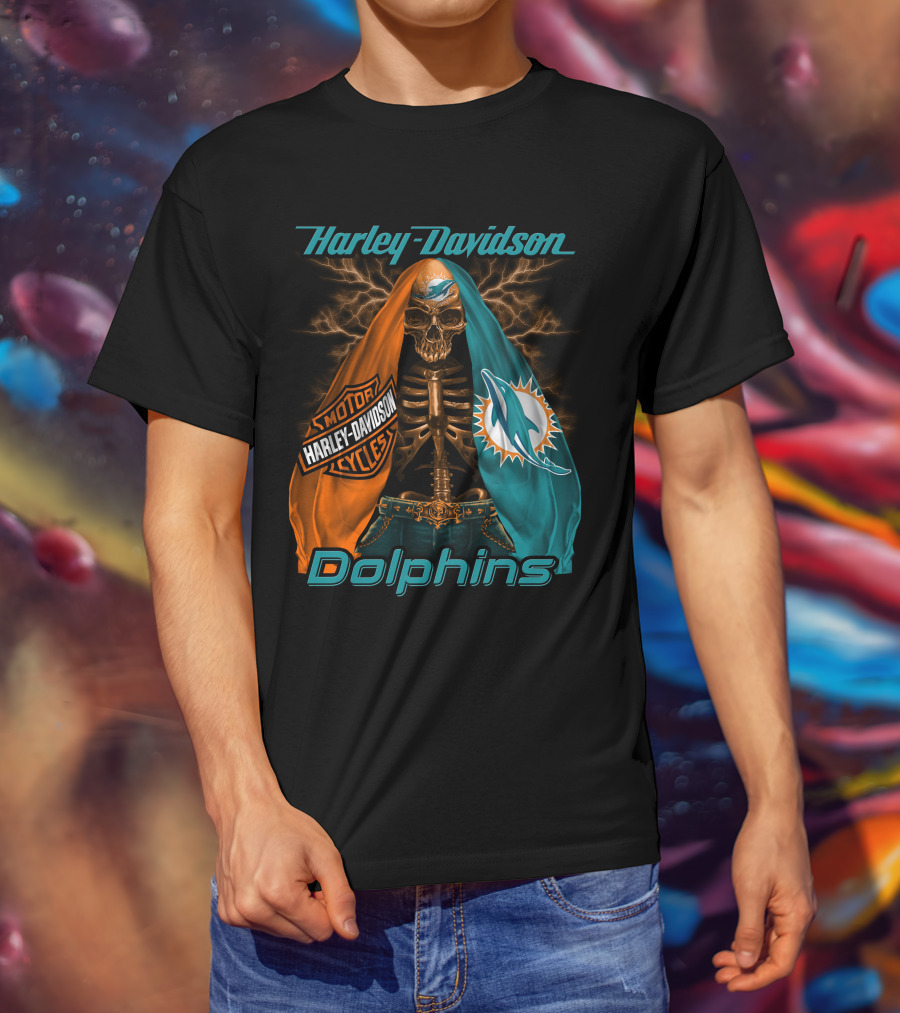 Harley Davidson Miami Dolphins Skeleton Motorcycles T-Shirt