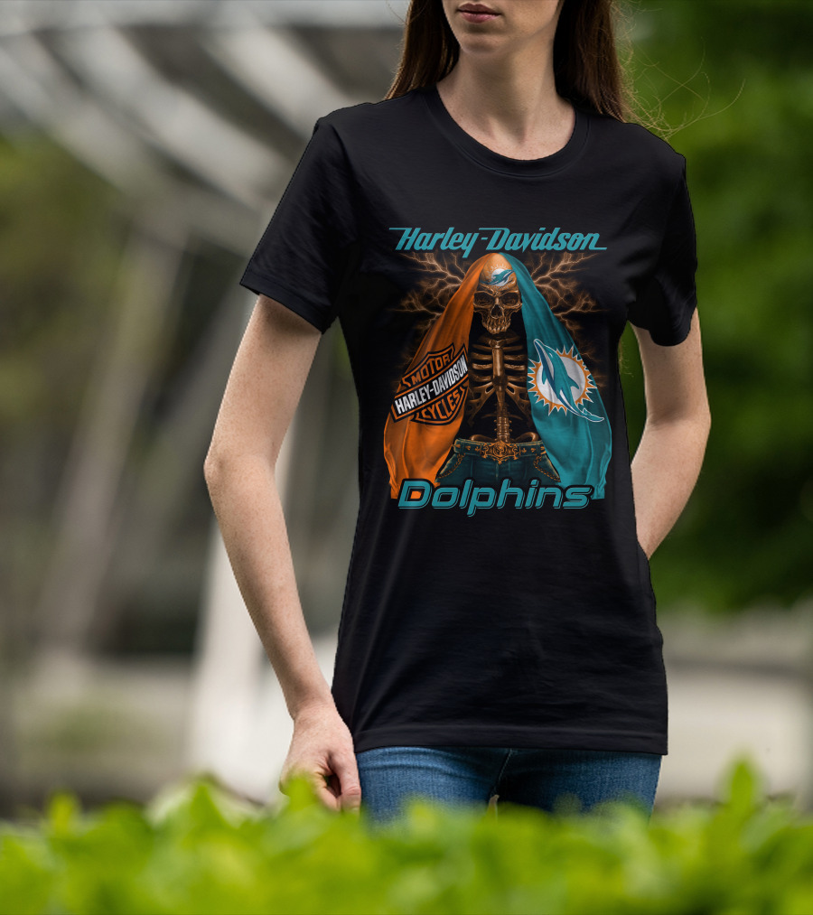 Harley Davidson Miami Dolphins Skeleton Motorcycles T-Shirt