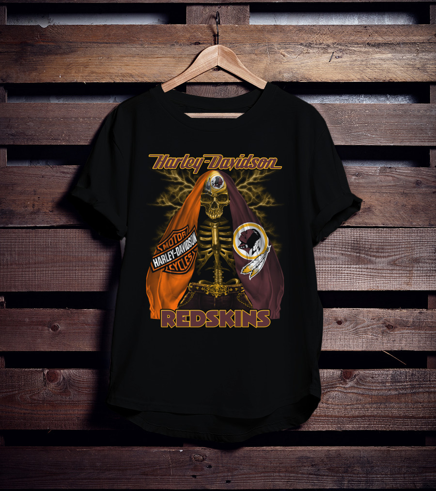 Harley Davidson Redskins Skeleton With Motorcycles And Team Emblems T-Shirt