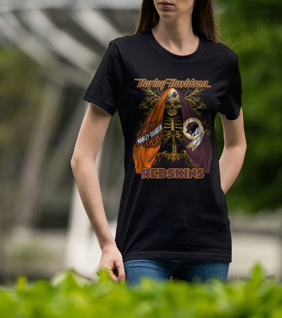 Harley Davidson Redskins Skeleton With Motorcycles And Team Emblems T-Shirt