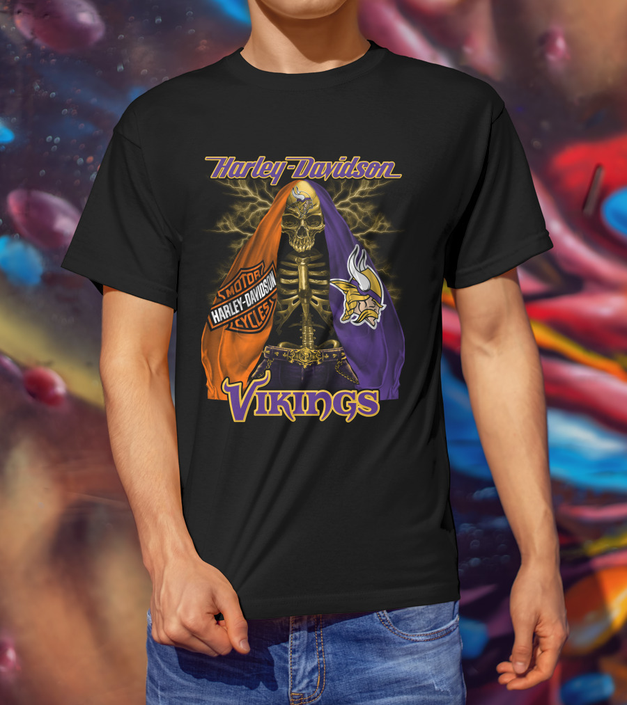 Harley Davidson Minnesota Vikings Motorcycle Skeleton T-Shirt