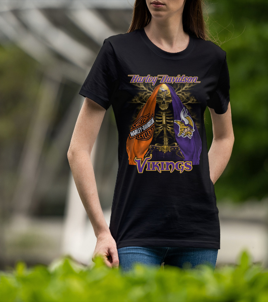 Harley Davidson Minnesota Vikings Motorcycle Skeleton T-Shirt