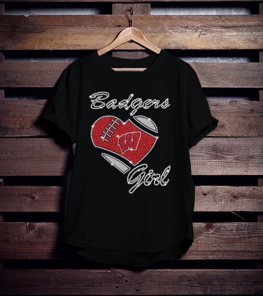 Badgers Girl Wisconsin Football Heart Rhinestone T-Shirt