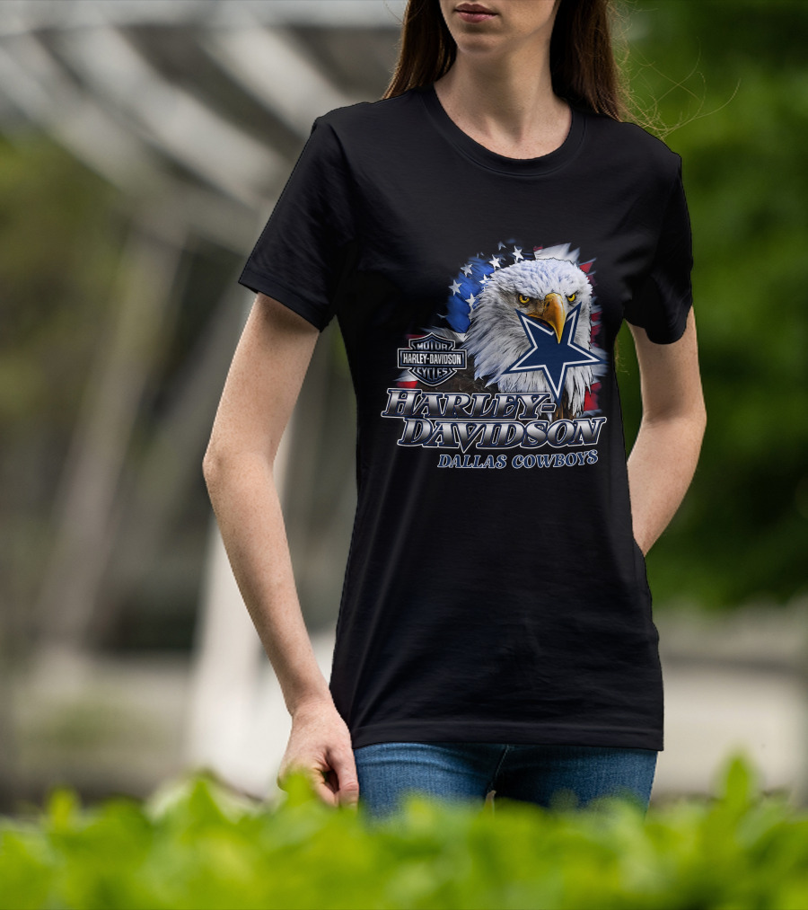 Harley Davidson Dallas Cowboys Motor Cycles Eagle Flag Star T-Shirt