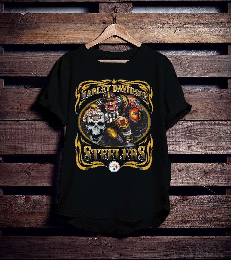 Harley Davidson Steelers Football Skull And Fireball Fantasy T-Shirt