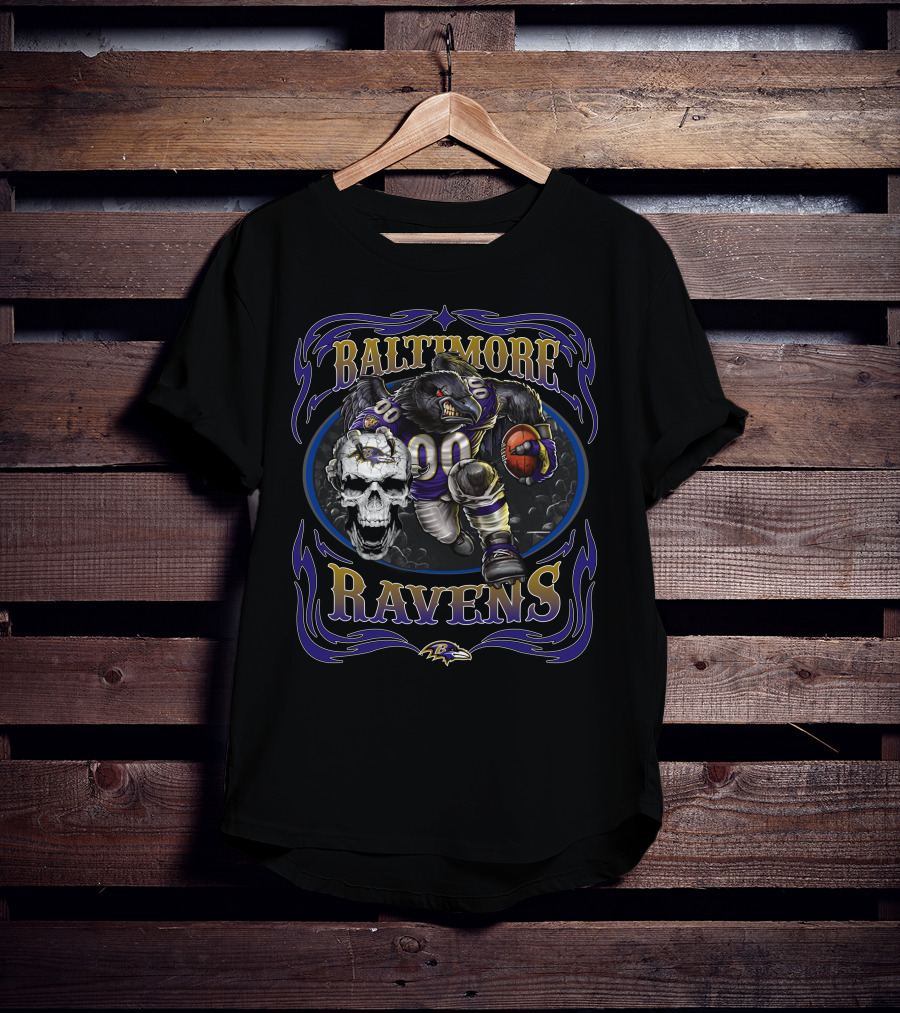 Baltimore Ravens Fierce Skull And Raven Player With Football T-Shirt