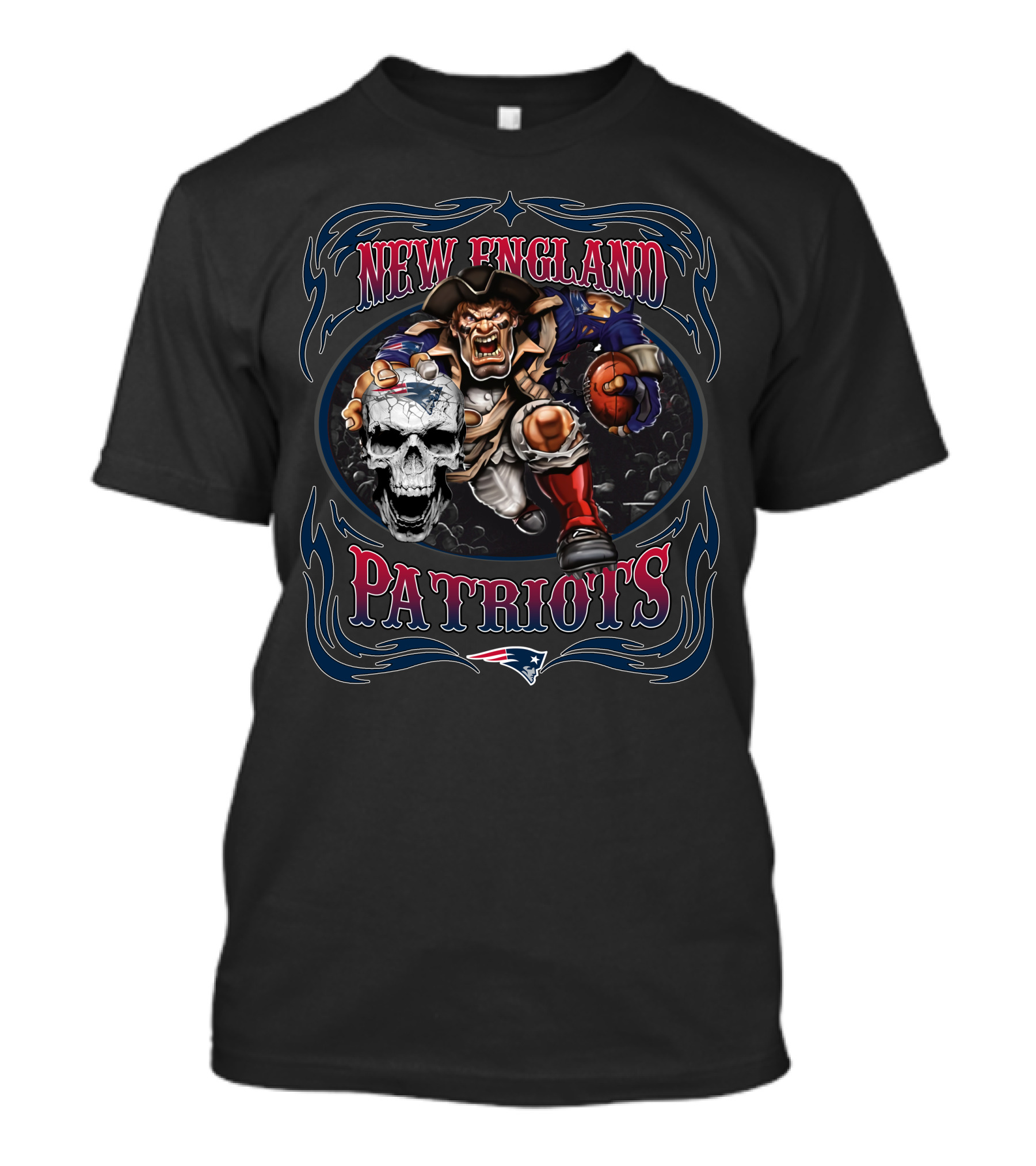 New England Patriots Skull Mascot Holding Football In Blue And Red Frame T-Shirt
