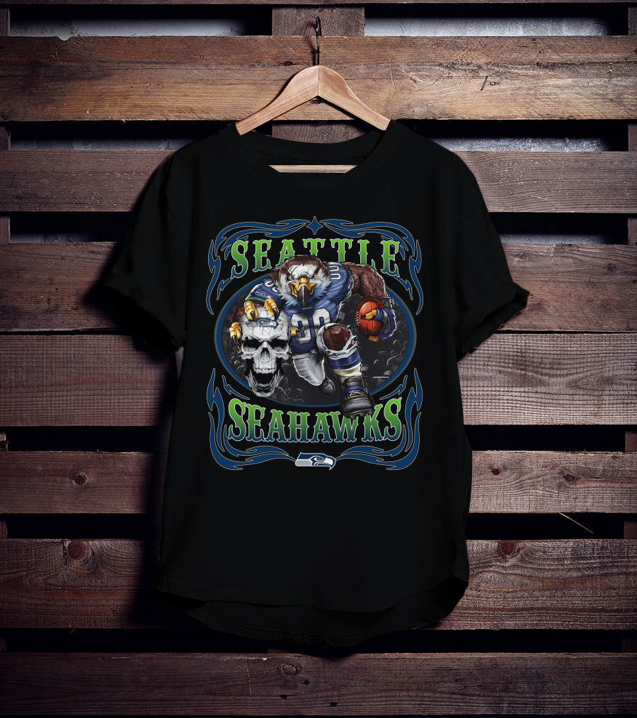 Seattle Seahawks Football Eagle Gridiron Skull On Black T-Shirt