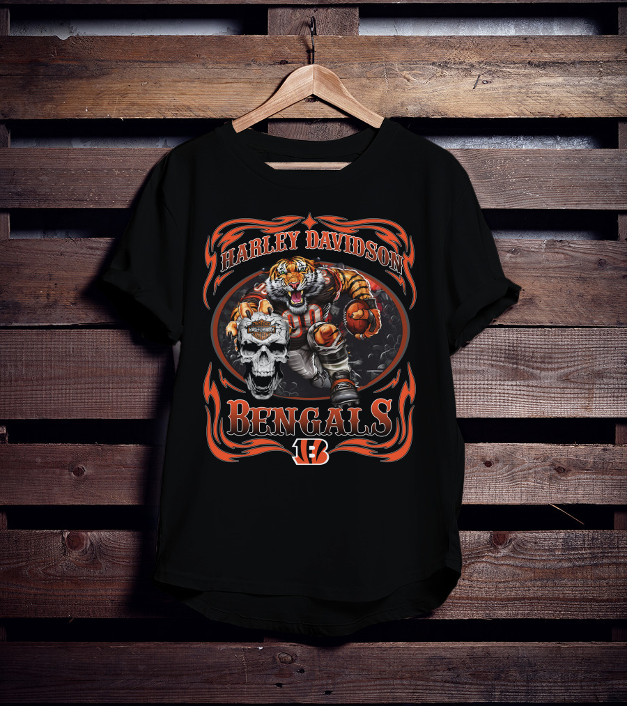 Harley Davidson Bengals 90 Football Tiger And Skull T-Shirt