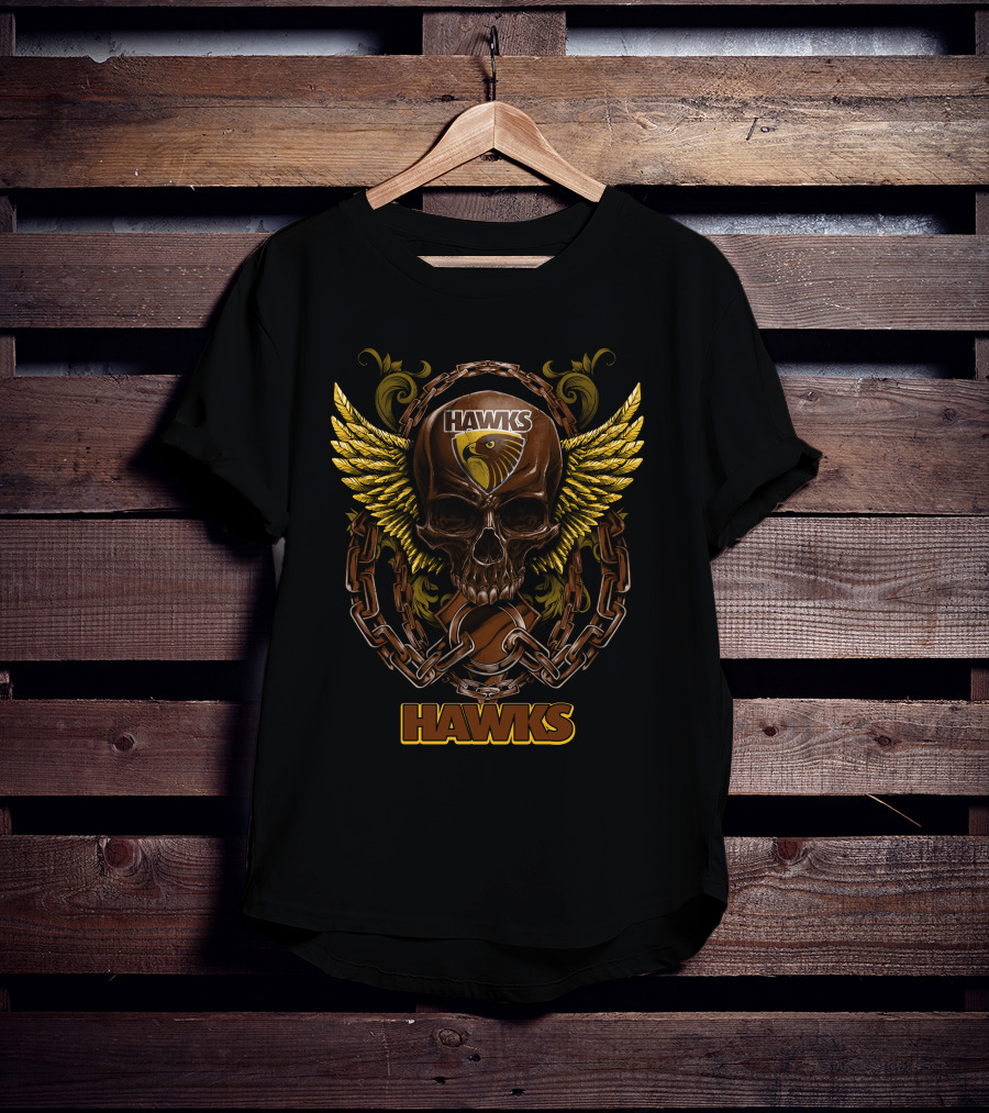 Hawthorn Hawks Skull With Wings And Chains T-Shirt