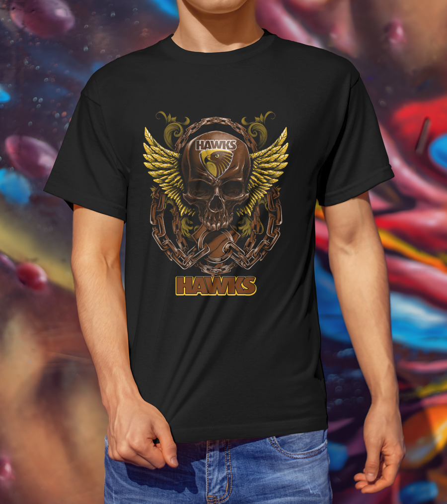 Hawthorn Hawks Skull With Wings And Chains T-Shirt