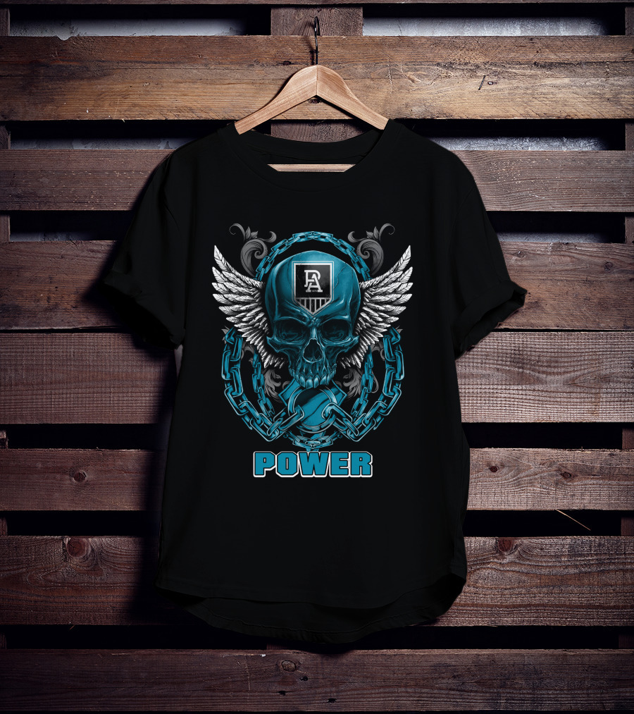 Port Adelaide Power Skull With Chains And Wings T-Shirt