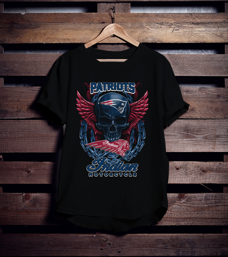Patriots Skull With Indian Motorcycle Wings And Chains T-Shirt