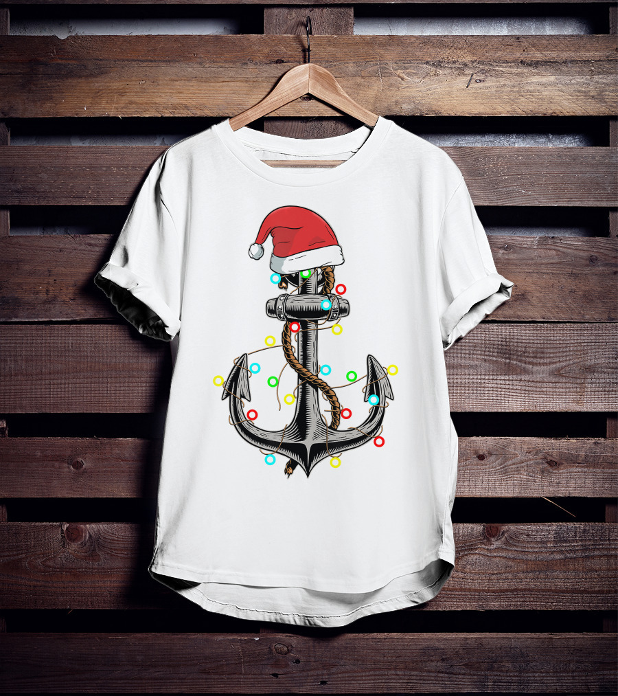 Christmas Lights Santa Hat Anchor Boating Sailing Funny Boat T-Shirt