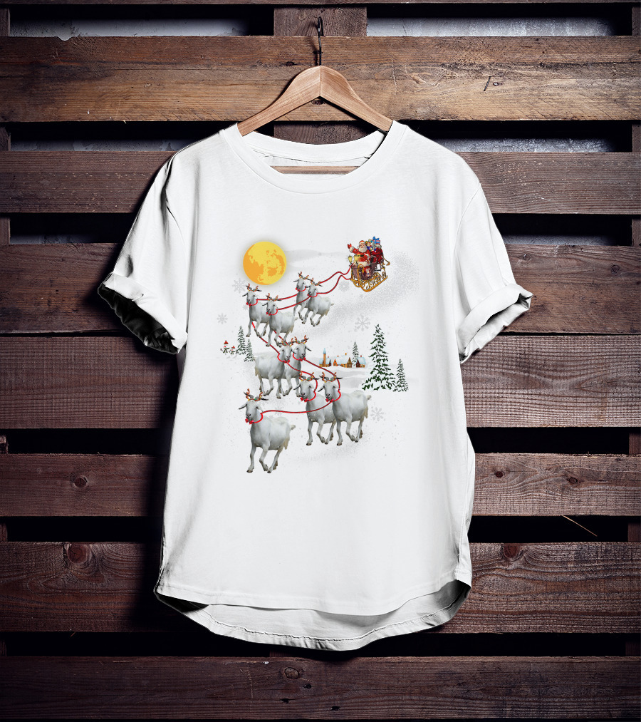 Funny Santa Riding Goat Ugly Christmas Pet Lover Sleigh With Goats And Moon T-Shirt