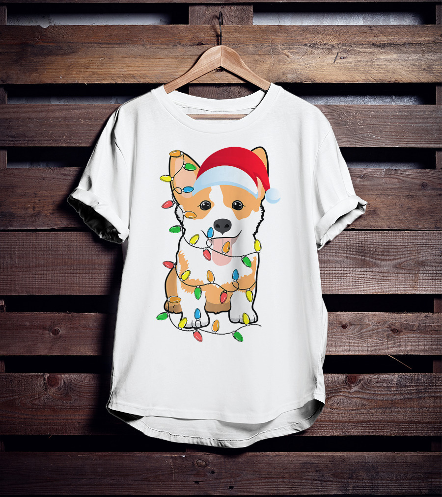 Christmas Corgi Funny Santa Hat Xmas Lights Raglan Baseball T-Shirt