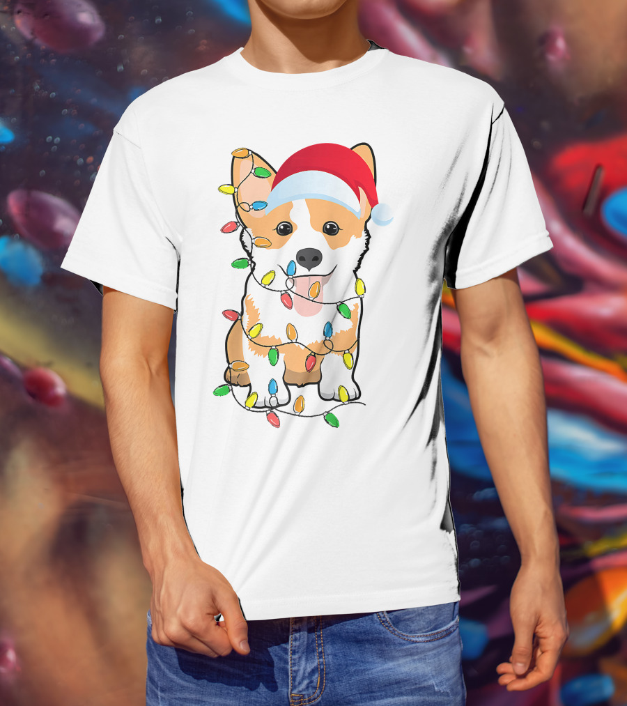 Christmas Corgi Funny Santa Hat Xmas Lights Raglan Baseball T-Shirt