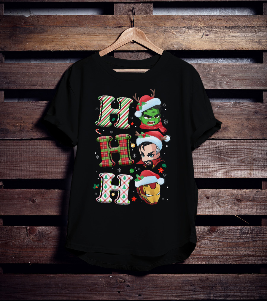 Ho Ho Ho Christmas Heroes Hulk Santa Hulk Ironman T-Shirt