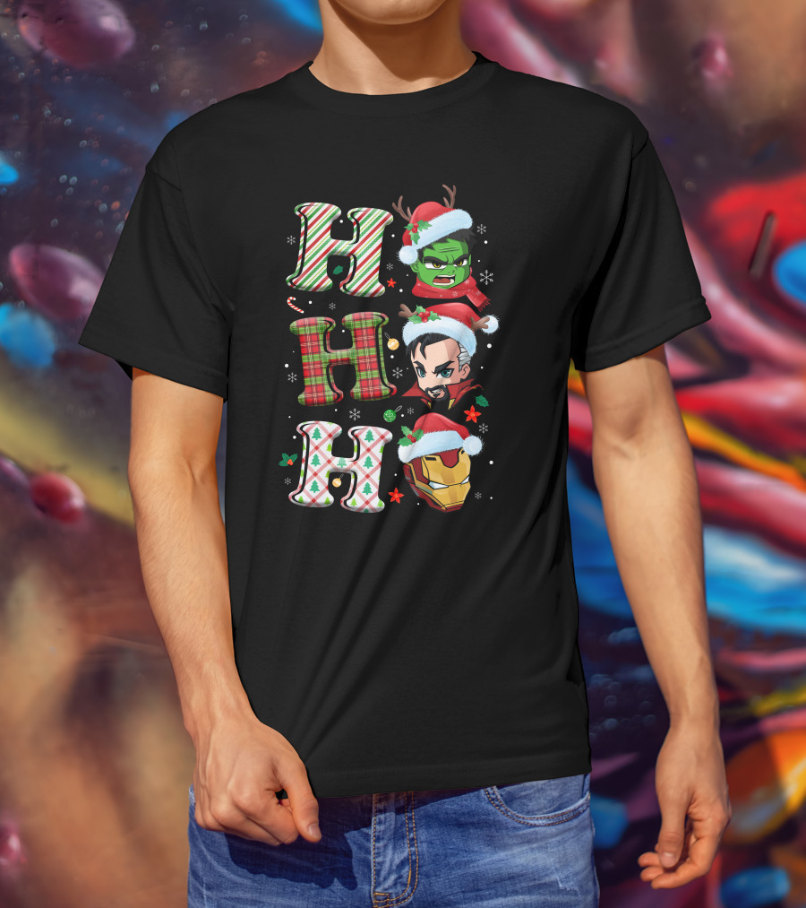 Ho Ho Ho Christmas Heroes Hulk Santa Hulk Ironman T-Shirt