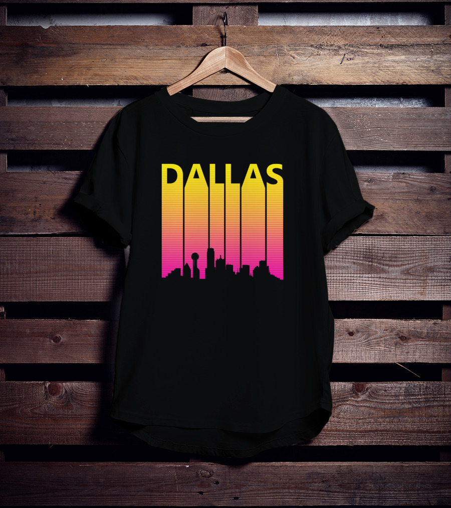 Dallas 1980s Retro Skyline Silhouette In Neon Gradient T-Shirt