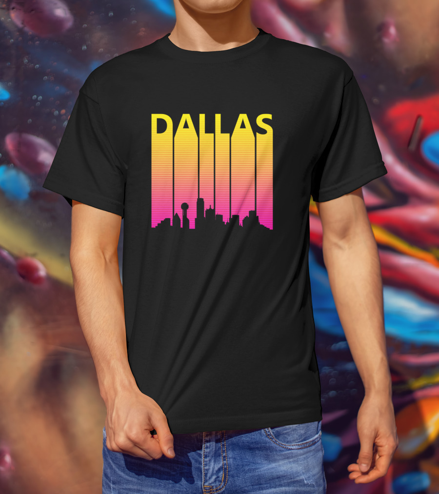 Dallas 1980s Retro Skyline Silhouette In Neon Gradient T-Shirt