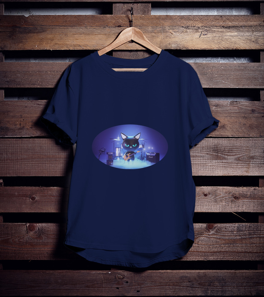 Cat Playing Guitar On Stage With Drums And Amps T-Shirt