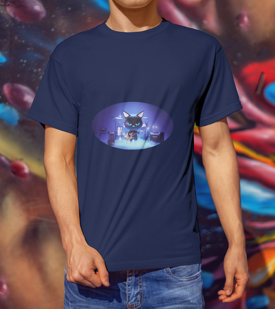 Cat Playing Guitar On Stage With Drums And Amps T-Shirt