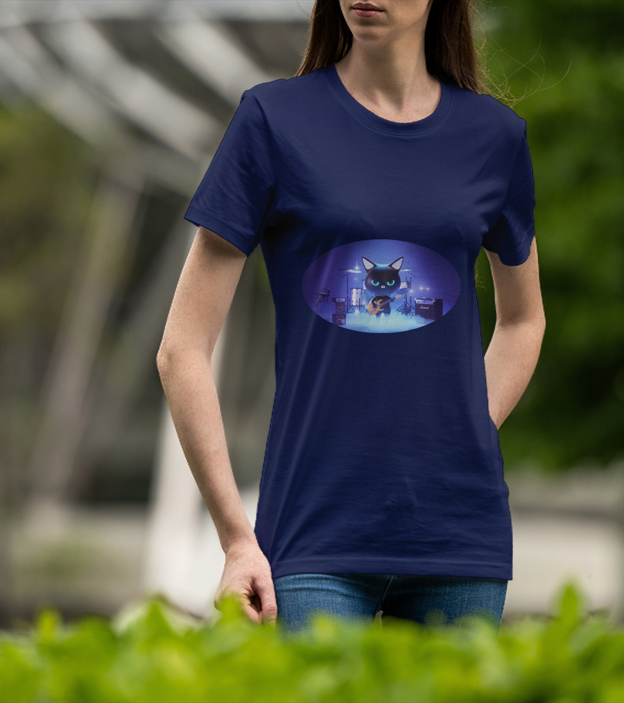 Cat Playing Guitar On Stage With Drums And Amps T-Shirt