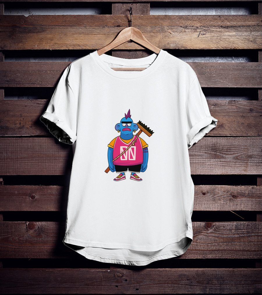 DA CREW Blue Cartoon Character With Broom And Purple Mohawk T-Shirt