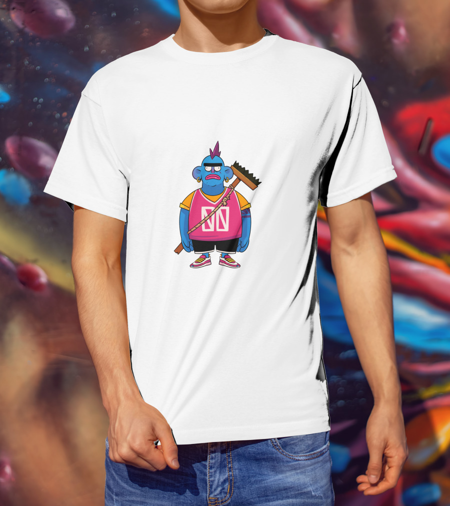 DA CREW Blue Cartoon Character With Broom And Purple Mohawk T-Shirt