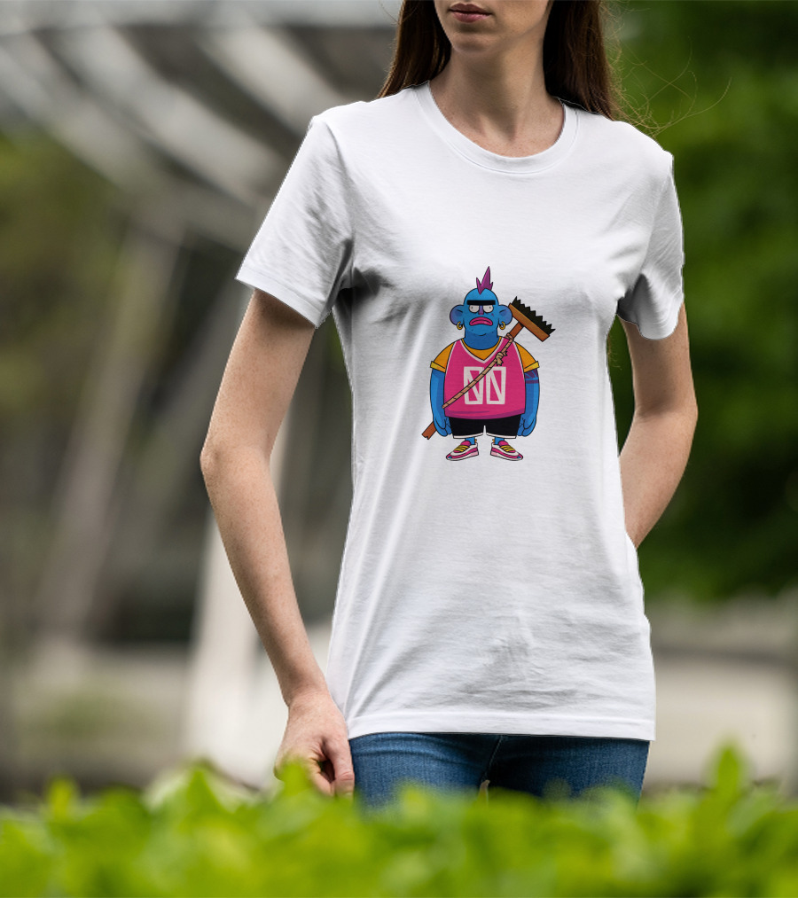 DA CREW Blue Cartoon Character With Broom And Purple Mohawk T-Shirt