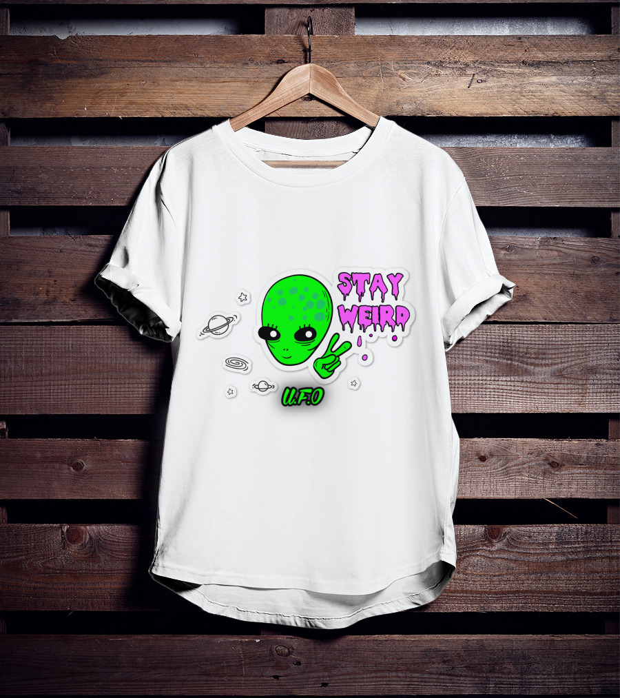Stay Weird U.F.O. Alien Peace Sign Planet Stickers T-Shirt
