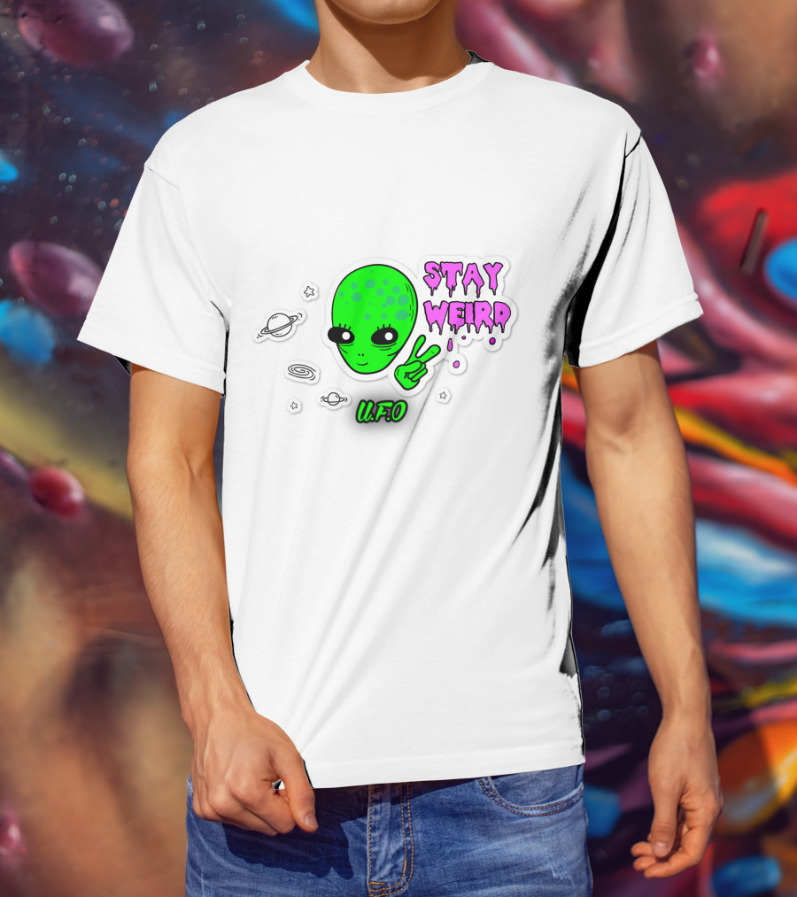 Stay Weird U.F.O. Alien Peace Sign Planet Stickers T-Shirt