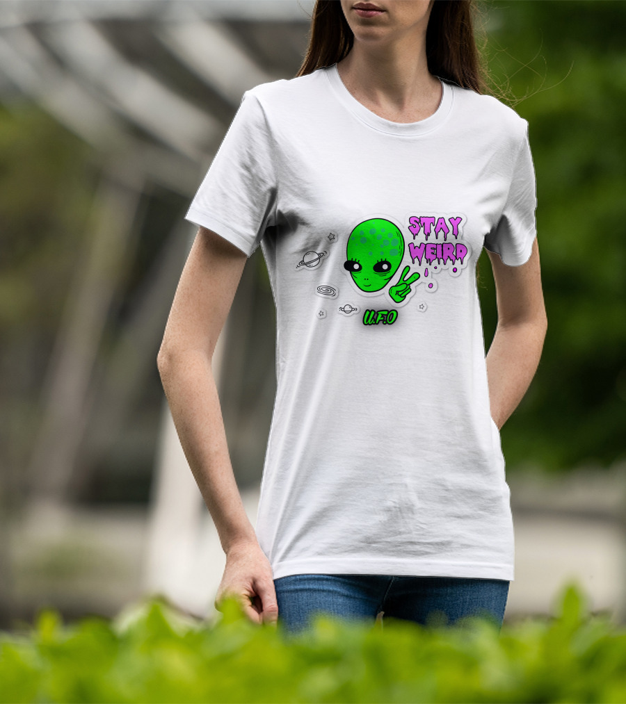 Stay Weird U.F.O. Alien Peace Sign Planet Stickers T-Shirt