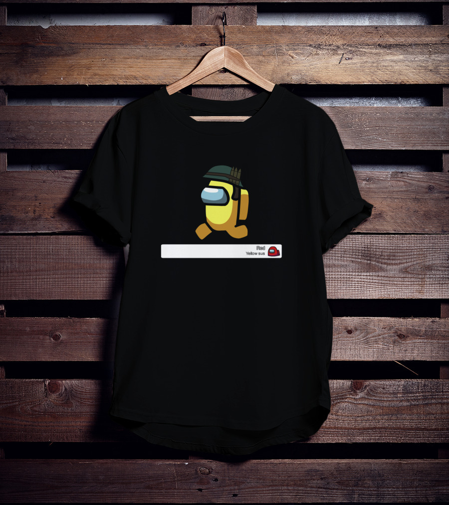 Among Us Yellow Sus Game Character With Helmet And Chat Text T-Shirt