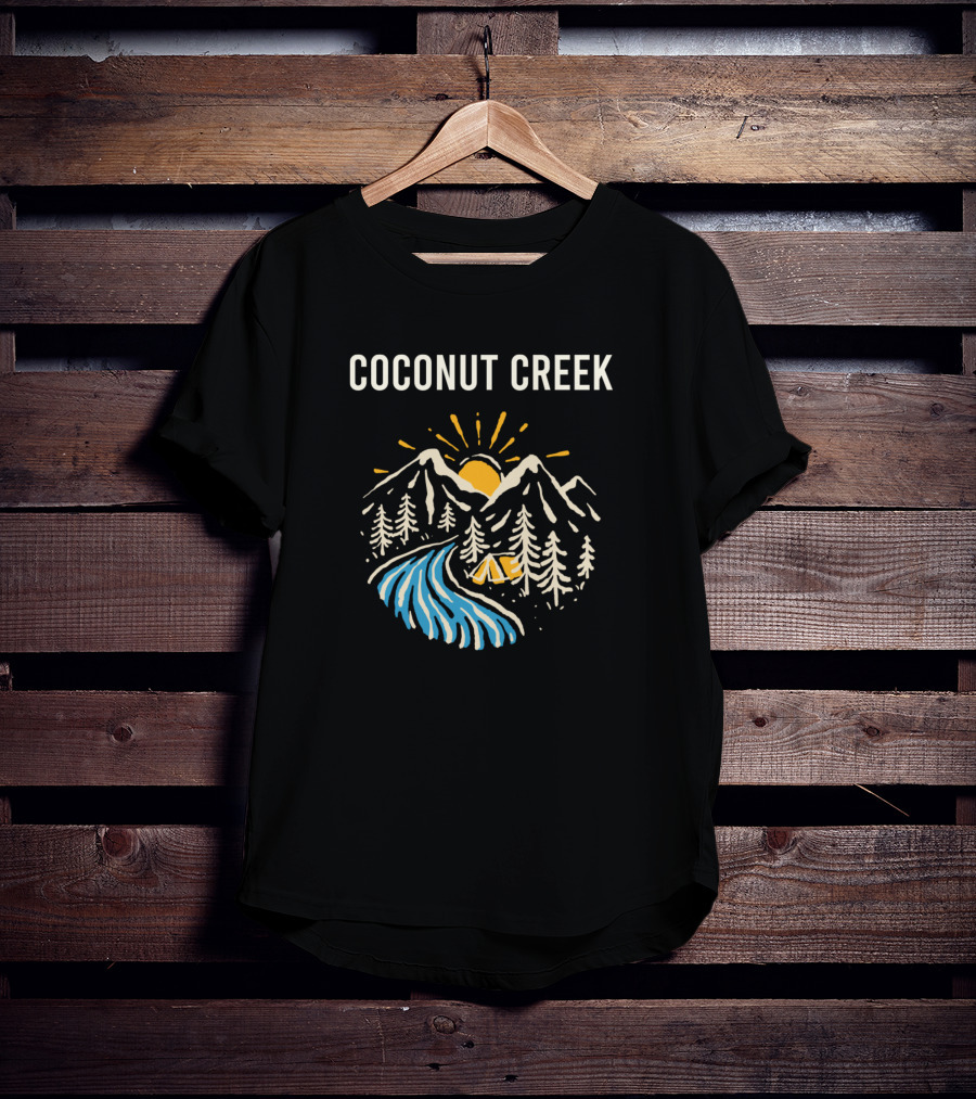 Coconut Creek Mountains Sunrise And River Camping Scene T-Shirt