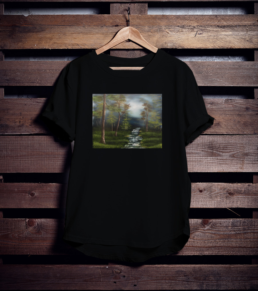 Dark Forest Creek Mysterious Woodland Stream Landscape Scene T-Shirt