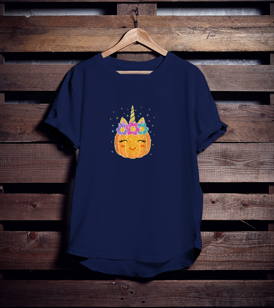 Cute Unicorn Pumpkin With Glittery Sparkling Flowers And Stars T-Shirt