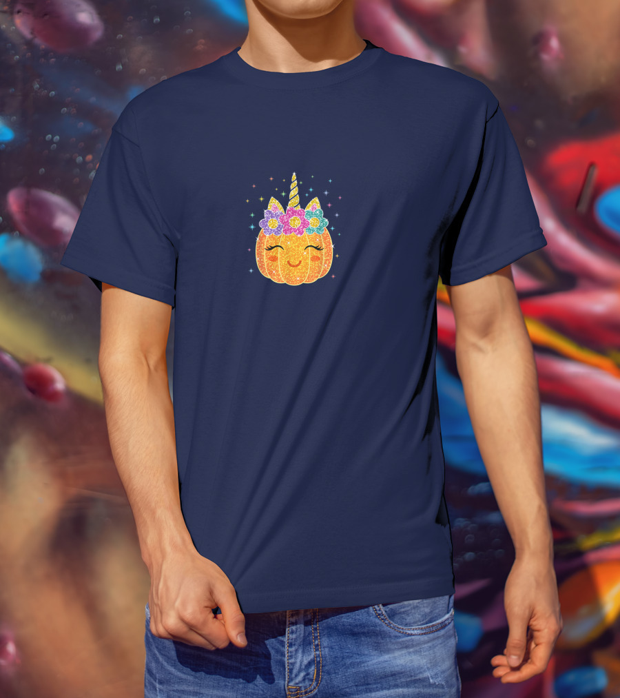 Cute Unicorn Pumpkin With Glittery Sparkling Flowers And Stars T-Shirt