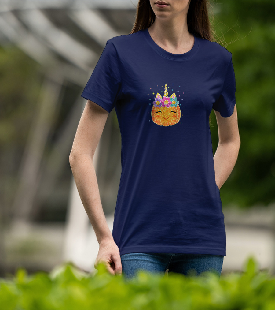 Cute Unicorn Pumpkin With Glittery Sparkling Flowers And Stars T-Shirt