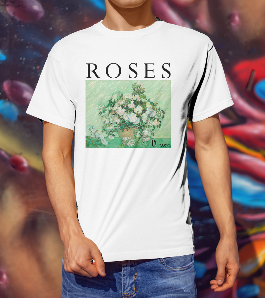 ROSES Vincent Van Gogh Green Floral Painting T-Shirt