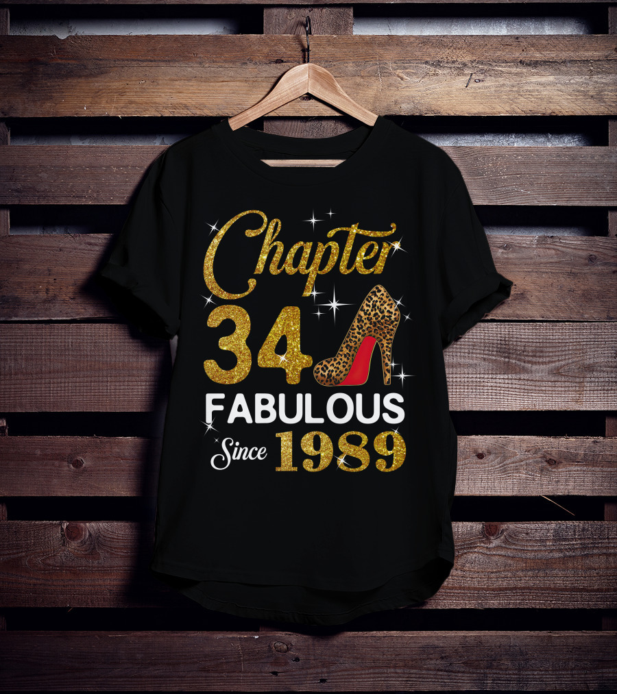 Chapter 34 Fabulous Since 1989 Golden Glitter Leopard Print Heel T-Shirt