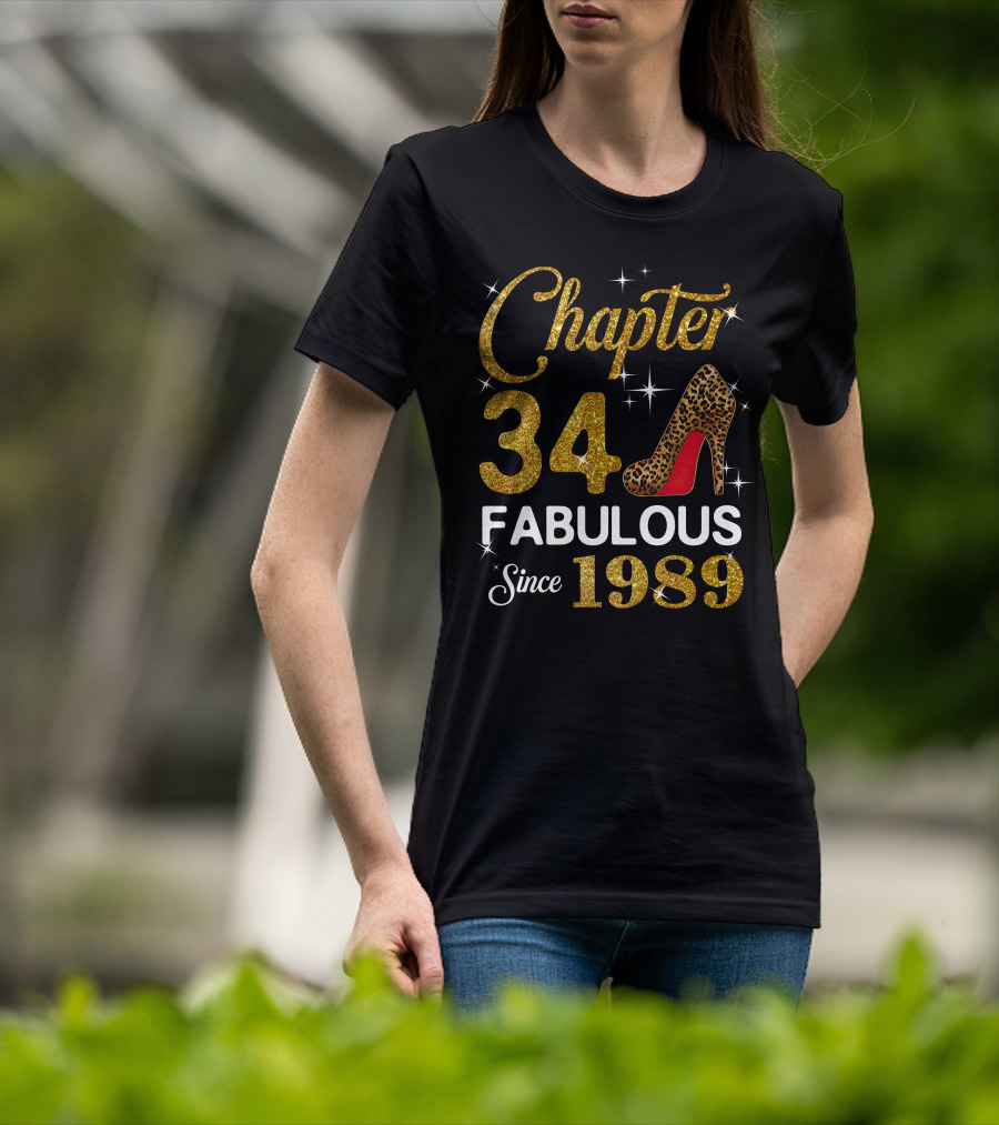 Chapter 34 Fabulous Since 1989 Golden Glitter Leopard Print Heel T-Shirt