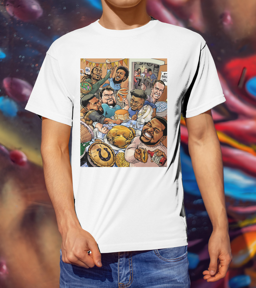 Indianapolis Colts Thanksgiving Feast Cartoon With NFL Players Celebrating T-Shirt