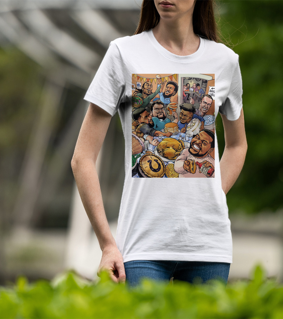 Indianapolis Colts Thanksgiving Feast Cartoon With NFL Players Celebrating T-Shirt