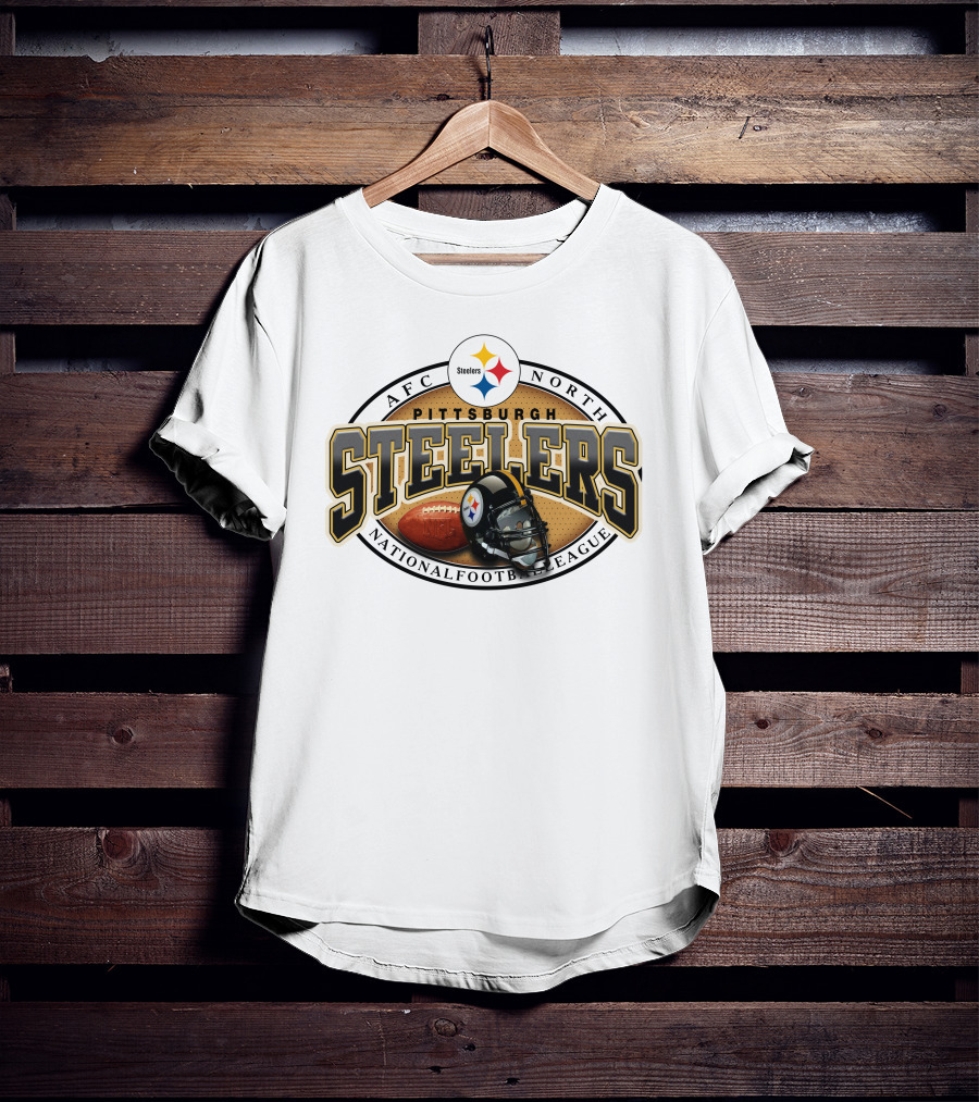 Pittsburgh Steelers AFC North National Football League Logo And Helmet With Football On Grey Background T-Shirt