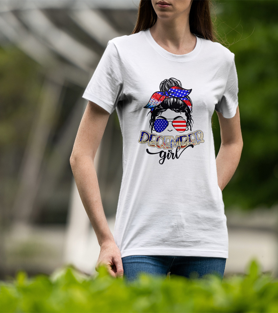 December Girl American Flag Bandana And Sunglasses T-Shirt